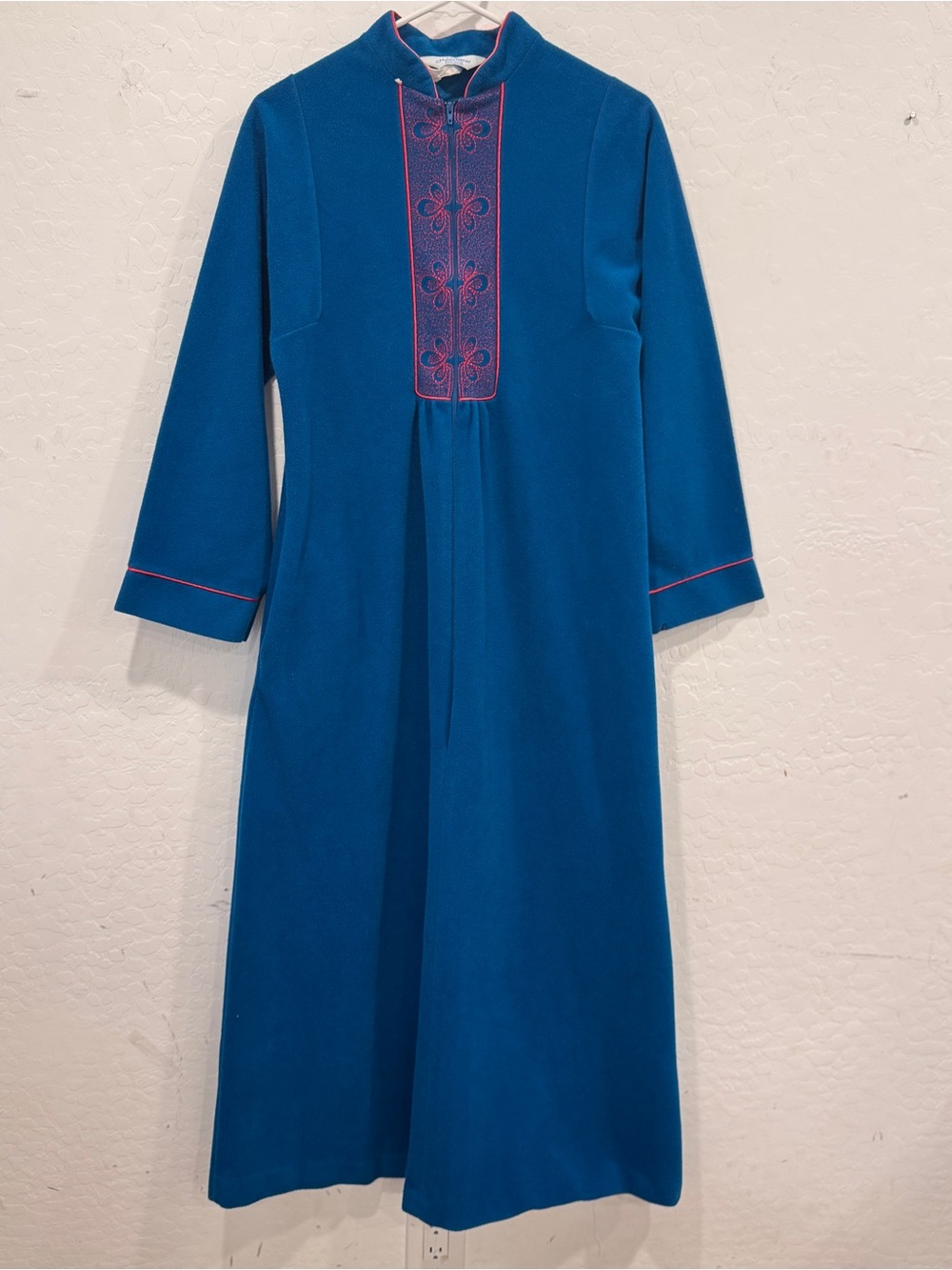 Vintage Sears Flannel Robe Womens Small Blue Flannel Embroidered Long Zip Front